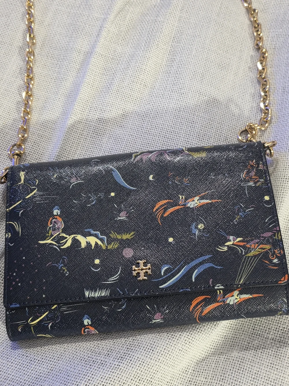 Tory Burch Day Dreamer Printed Chain Wallet Crossbody Navy Multicolor